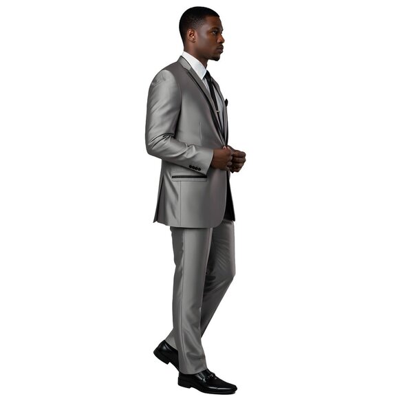 2pc Shiny Dark Silver Mens Suit w/ Black Trim by Tazzio - Picture 4 of 5